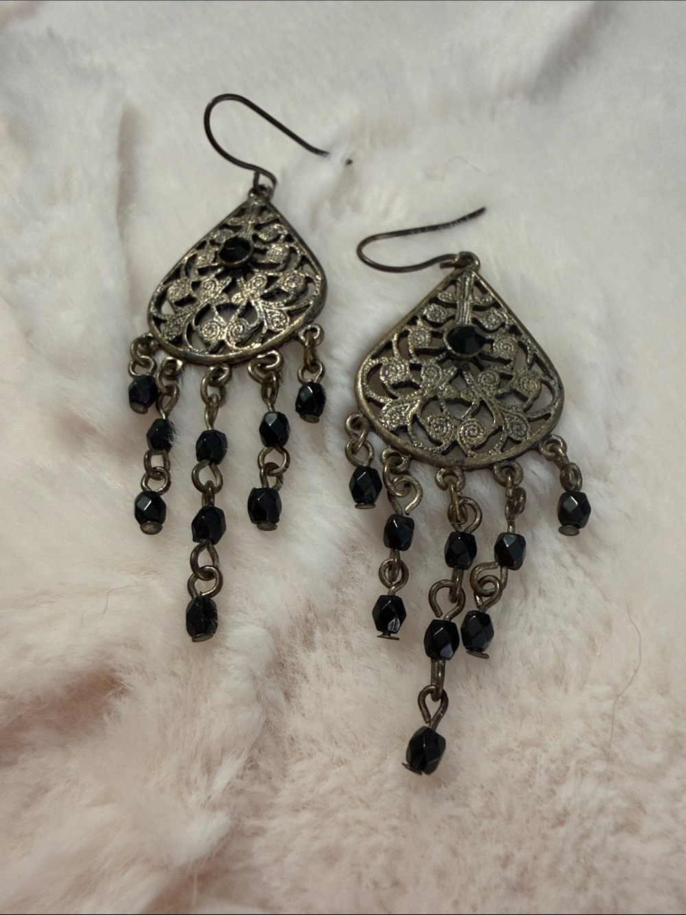 Antique-Style Black Bead Filigree Dangle Earrings